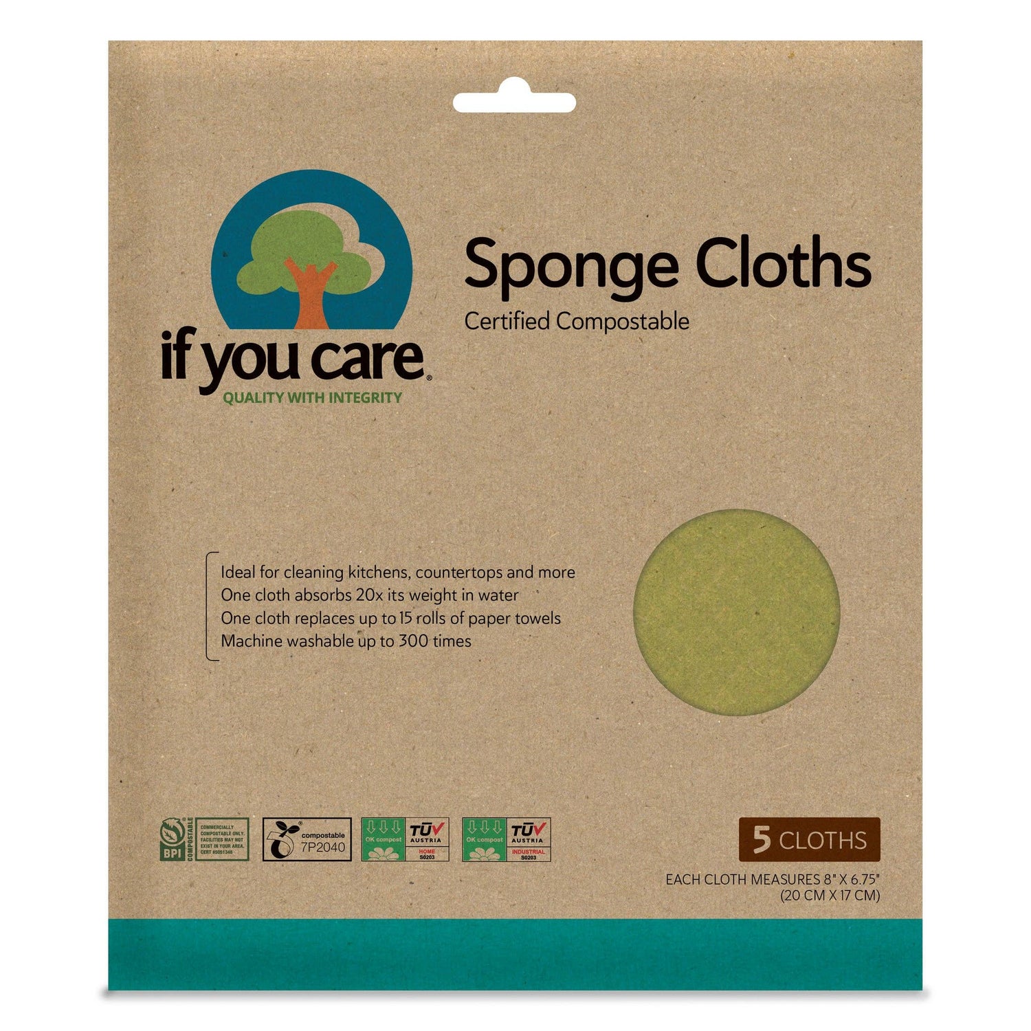 Reusable Sponge Cloths - Sponge Cloth - If You Care - 5 Cloths - 100% Natural, Highly Absorbent, Compostable