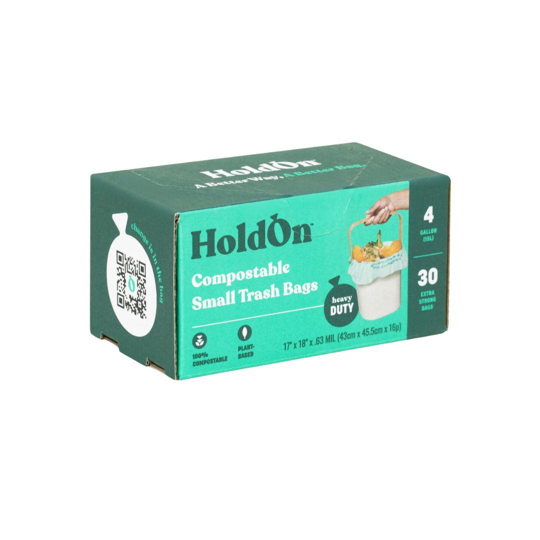 Compostable Trash Bags - Small Space - HoldOn - 30 Bags - 4 Gallon Capacity, Home and Industrial Compostable - Box