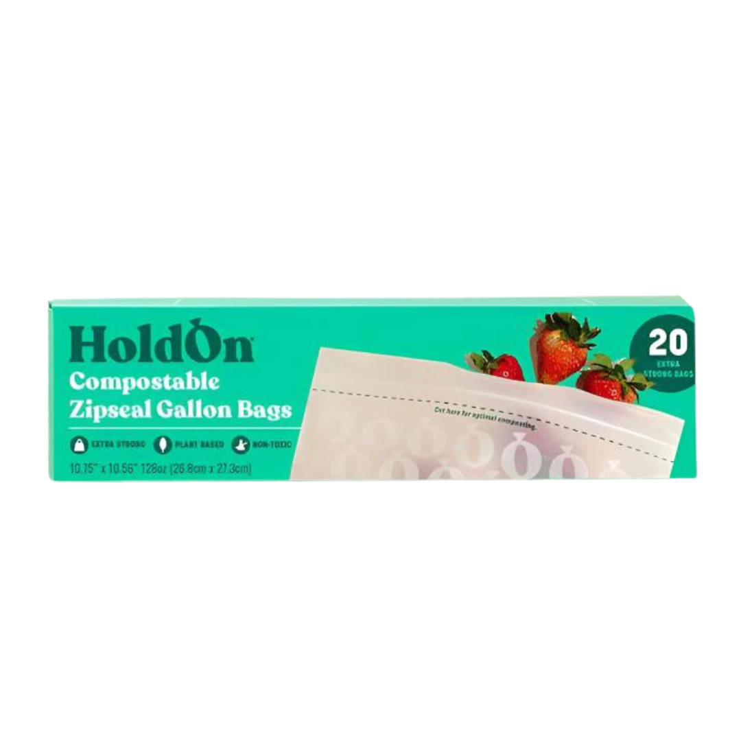 Compostable Zipseal Gallon Bags - 1 Gallon Capacity - HoldOn - 20 Bags per Box - Food-Safe, Freezer-Safe, BPA-Free