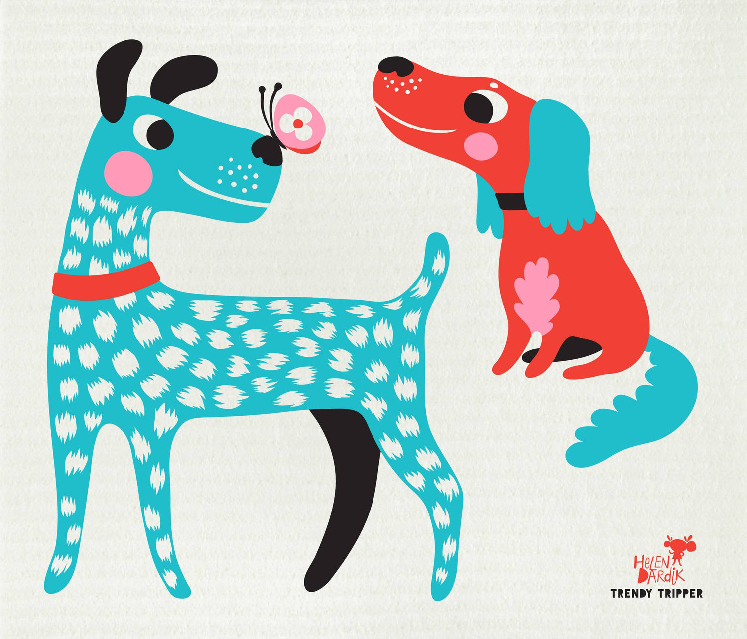 Swedish Dishcloth - Helen Dardik Turquoise + Red DOGS - 70% Cellulose Pulp 30% Recycled Cotton - Single Sheets-Respectful Goods