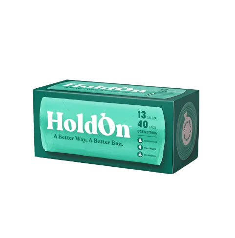 Compostable Tall Kitchen Trash Bags - 13 Gallon Capacity - HoldOn - 40 Bags per Box - Plant-Based, Durable, Drawstring Handles