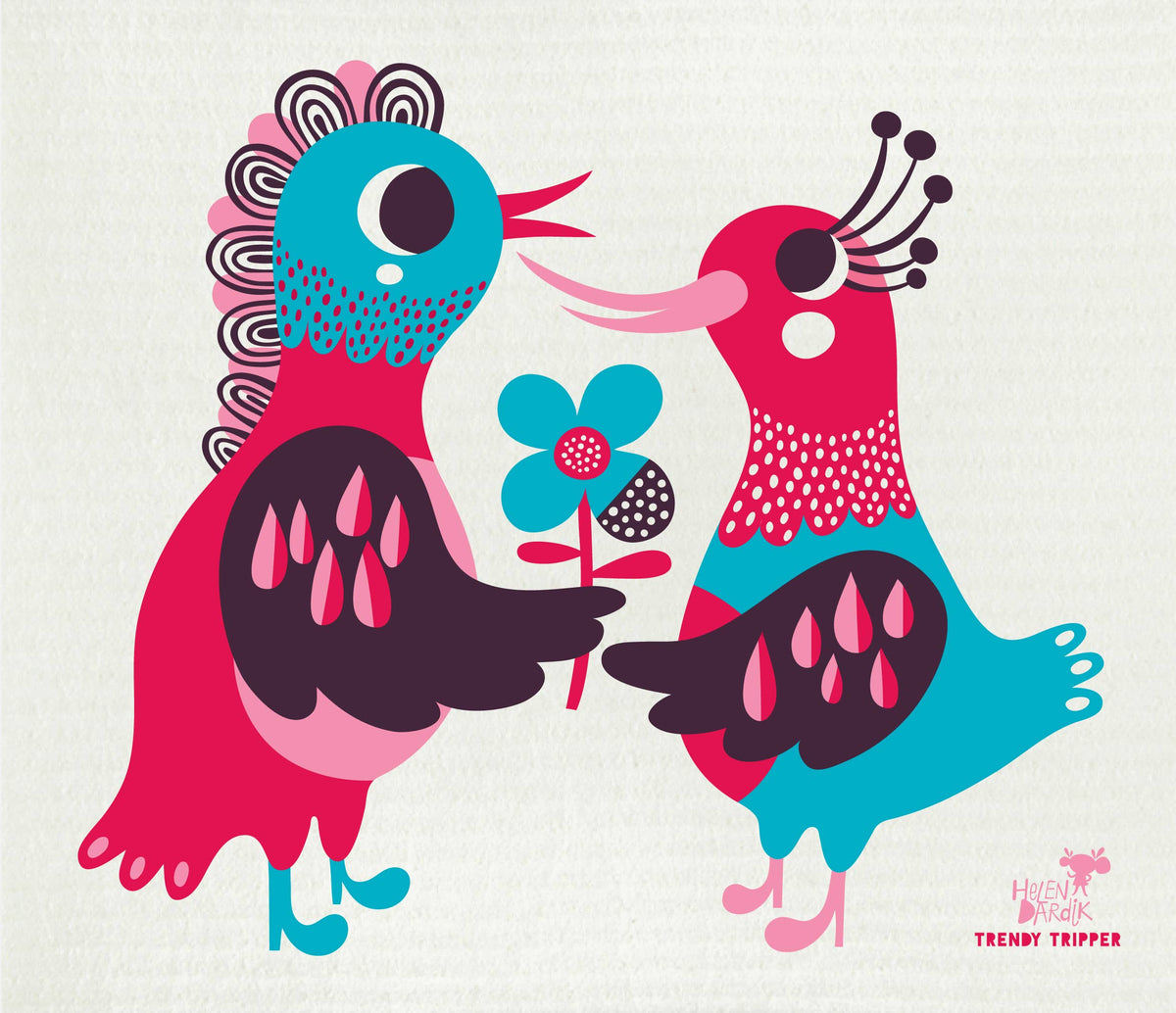 Swedish Dishcloth - Helen Dardik LOVE BIRDS - 70% Cellulose Pulp 30% Recycled Cotton - Single Sheets-Respectful Goods