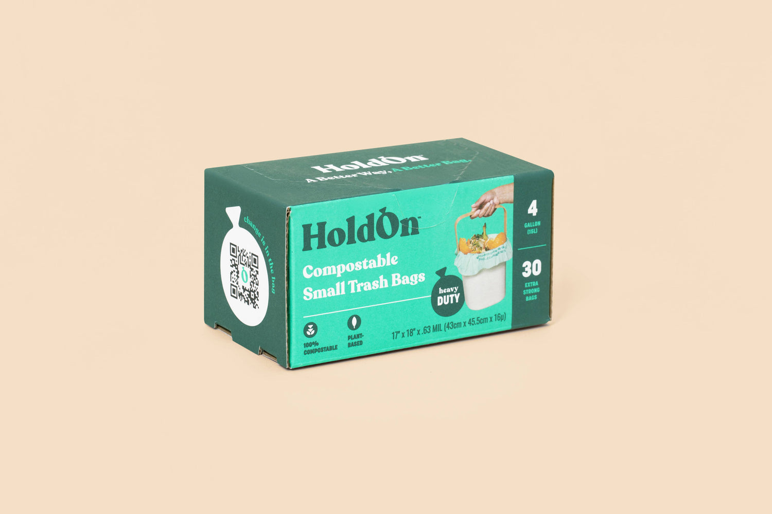 Compostable Trash Bags - Small Space - HoldOn - 30 Bags - 4 Gallon Capacity, Home and Industrial Compostable - Box